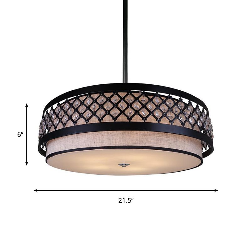 Hand Sewn Fabric Drum Pendant Farmhouse 5-Light Bedroom Chandelier Lighting with Crystal Detailing Cage Guard, Black