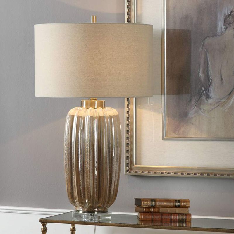 Lampe de nuit à ombre à tambour antiquée 1 lumière de bureau de tissu de bulbe avec base cylindrique en marron