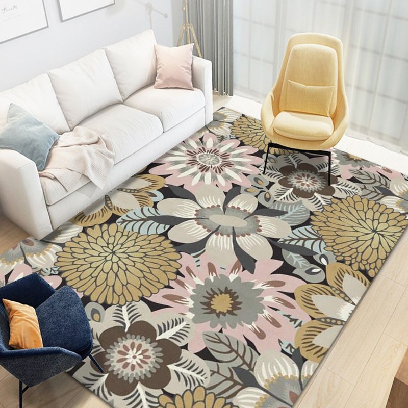 Green Modern Rug Flowers Polyester Indoor Rug Stain Resistant Rug for Living Room