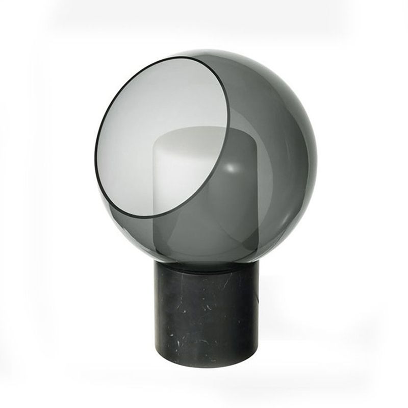 Marble Cylindrical Base Table Lamp Postmodern Black LED Nightstand Light with Globe Smoked Glass Shade
