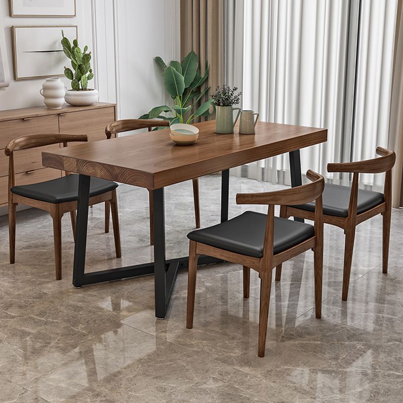Industrial Solid Wood Dining Table Brown Rectangle Table with Metal Base for Dinning Room