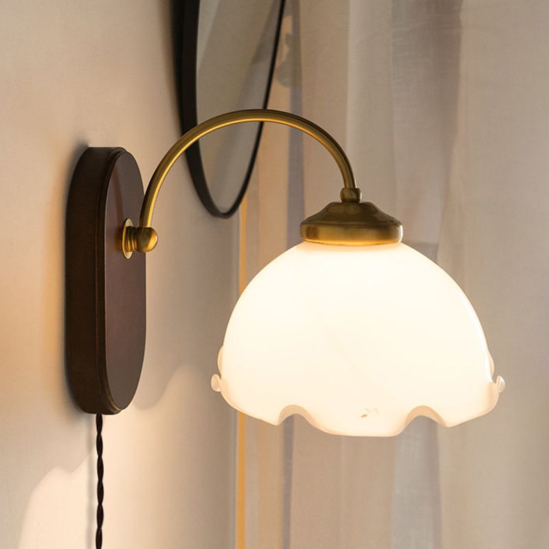 Modern Wood Wall Sconce Flower Shape Vanity Lamp with Glass Shade for Bathroom