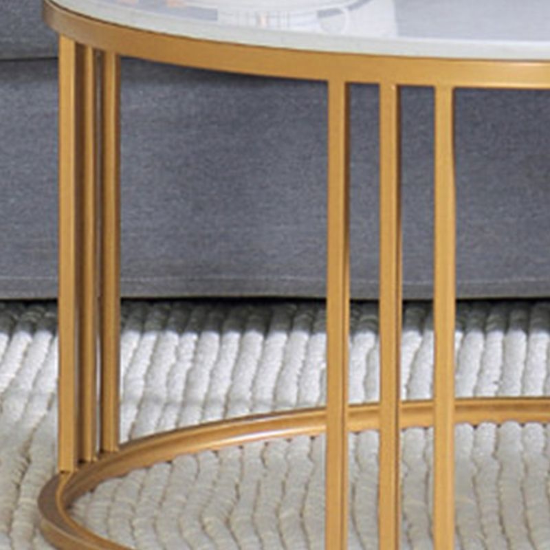 Glam Style White Round Coffee Table with Marble Top and Iron Frame Base