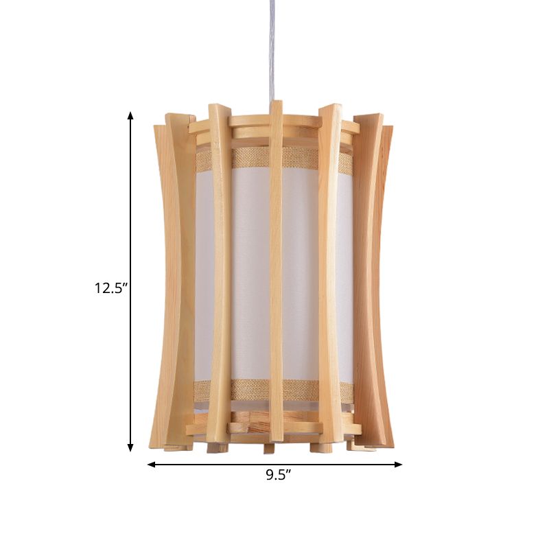 Cylindrical Pendant Light Fixture Asia PVC 1 Bulb Dinette Ceiling Lamp with Wood Cage in Beige