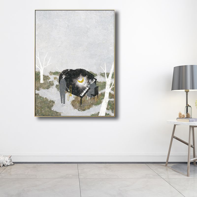Piano Performance in Wilds Canvas Childrens Art Textured Wall Decoration in Grey