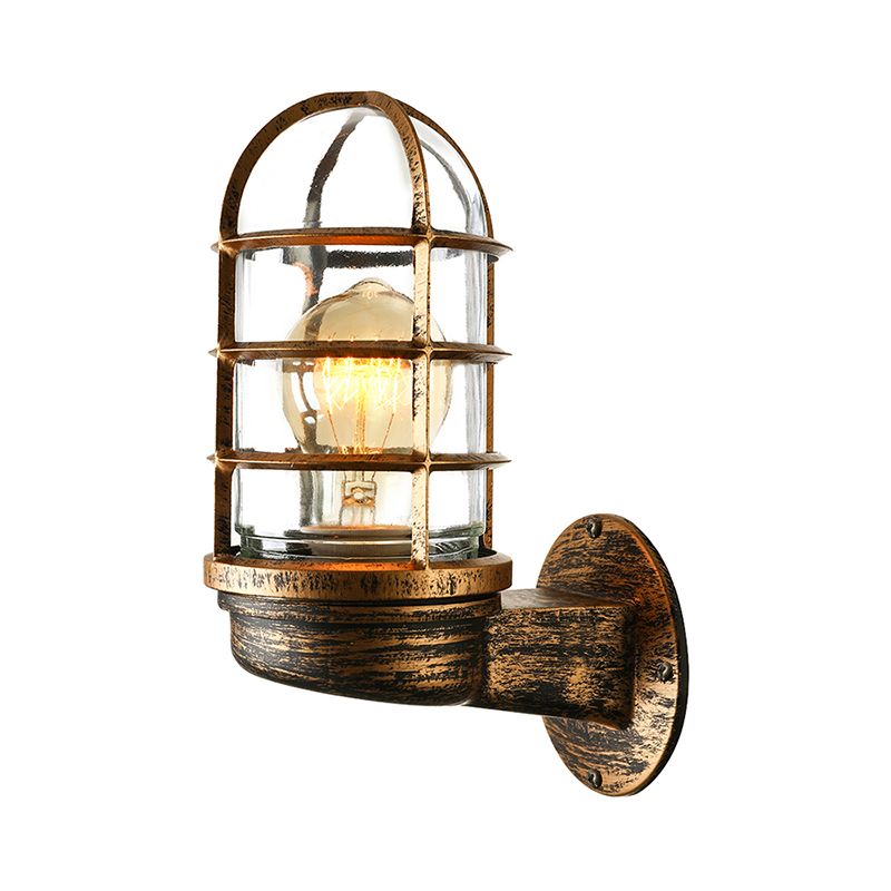 Cylinder Clear Glass Wall Mounted Lamp Industrial Single Bulb Living Room Sconce Light in Pink/Blue/Green with Cage