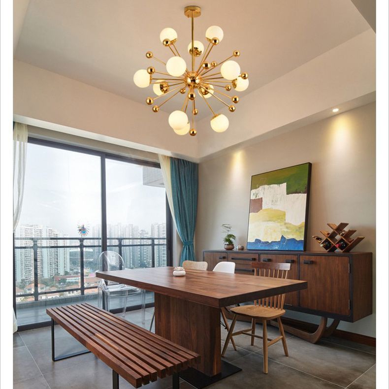 Golden Dandelion Chandelier Minimalist 12-Light Cream Glass Pendant Light for Living Room