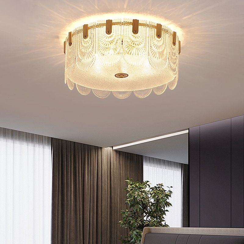 Gold Metal Flush Mount Light Armaturen Traditionele Drum Slaapkamer Flush Plafond Lampen met Glas Shade