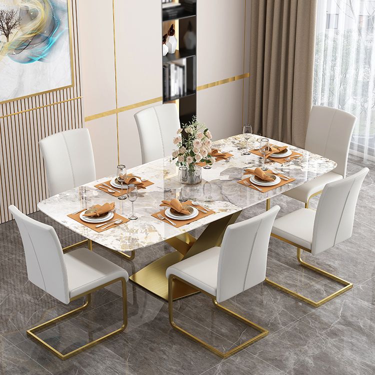 Sintered Stone Top Table for Restaurant Luxury Rectangle Table with Gold Metal Pedestal