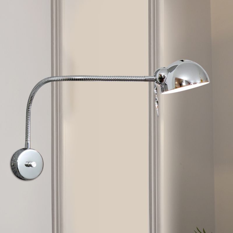 1 Bulb Dome Shade Wall Lamp with Flexible Arm Vintage Chrome/White Metallic Sconce Lamp for Bedside