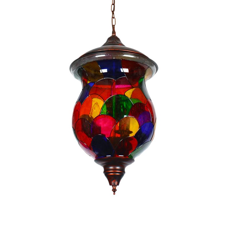 Urn Living Room Ceiling Pendant Mediterranean Stained Glass 1 Head Red Hanging Light Fixture