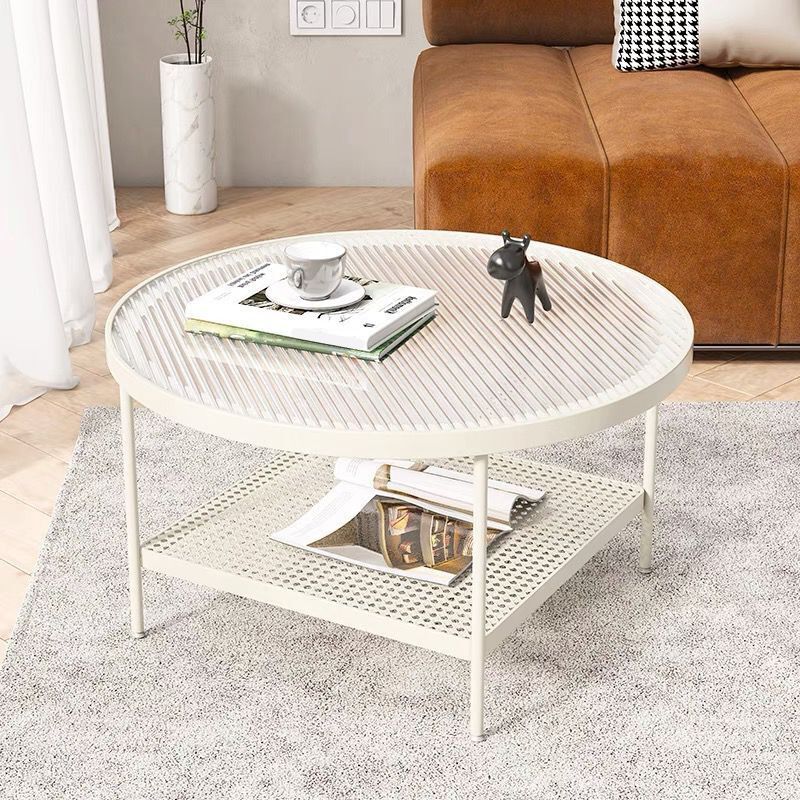 Round Glass Cocktail Table Iron 4 Legs Coffee Table with Shelf