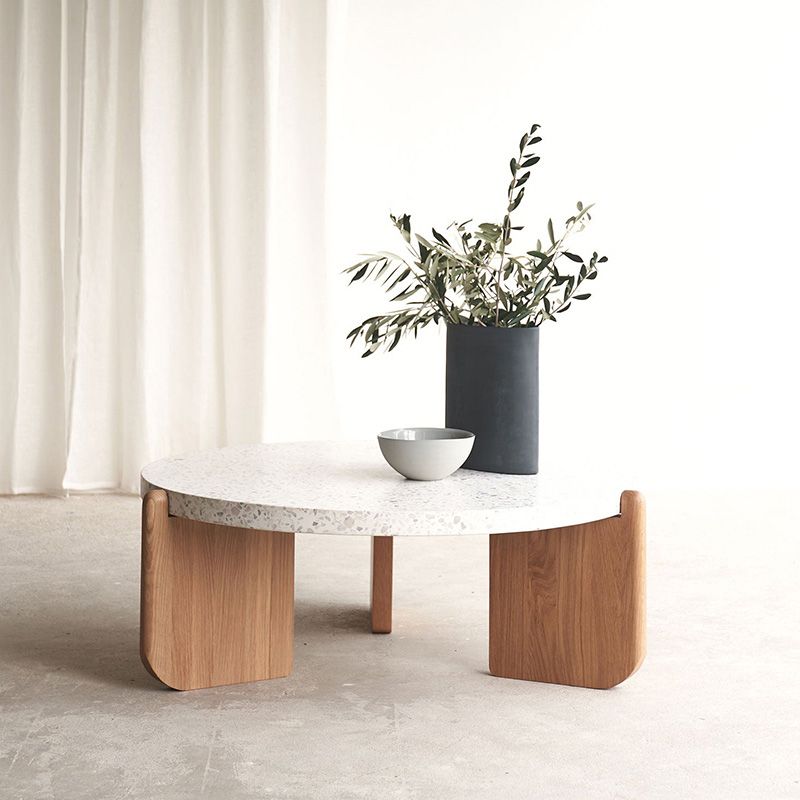 Round Terrazzo Coffee Table Minimalist Wooden 3 Legs Cocktail Table