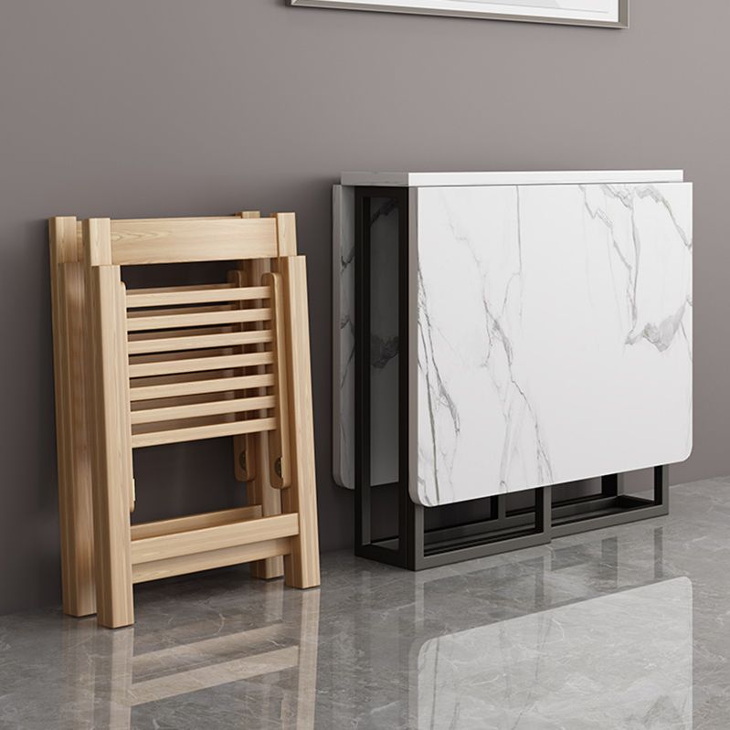 Foldable Artificial Wooden Top Dining Table Extendable Rectangle Table with Trestle Base