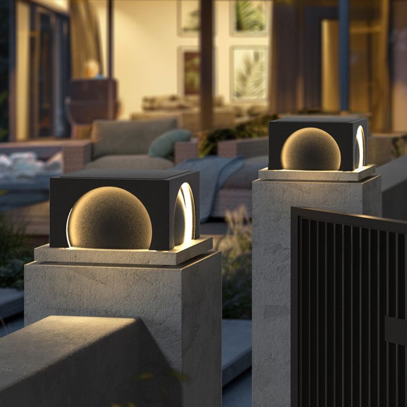 Square Contemporary Waterproof Pillar Light in Black for Courtyard