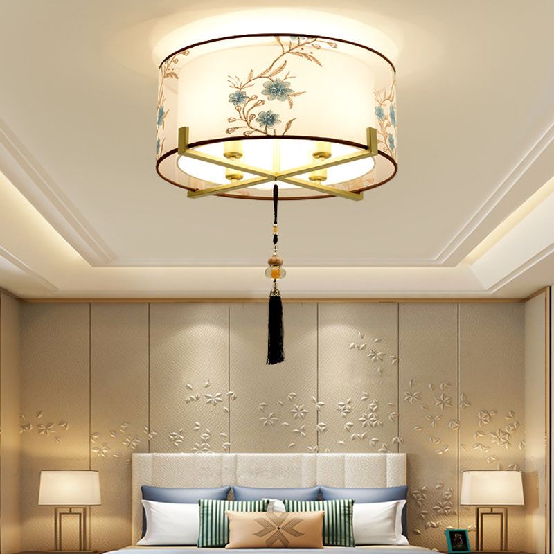 4-flammige Trommel-Einbauleuchte im traditionellen Stil, weiße Stoff-Einbauleuchte