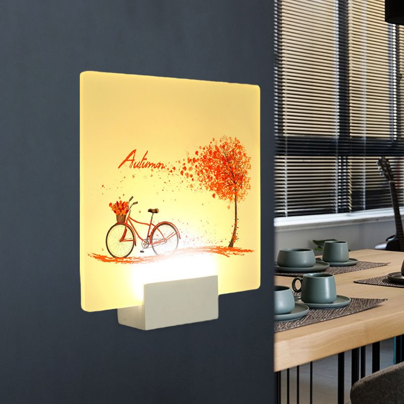 Square Autumn Tree and Bicycle Mural Lamp Chinese Acrylic LED White Wall Mounted Lighting