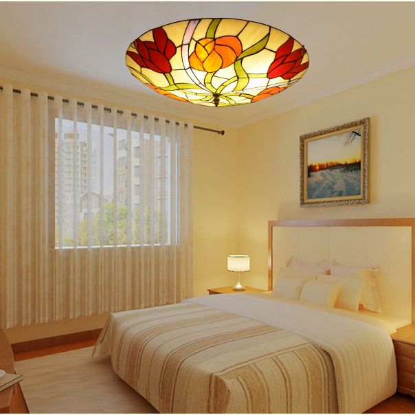 Flower Flush Mount Light Fixtures Multicolored Stained Glass Tiffany-Style Ceiling Lights Flush Mount