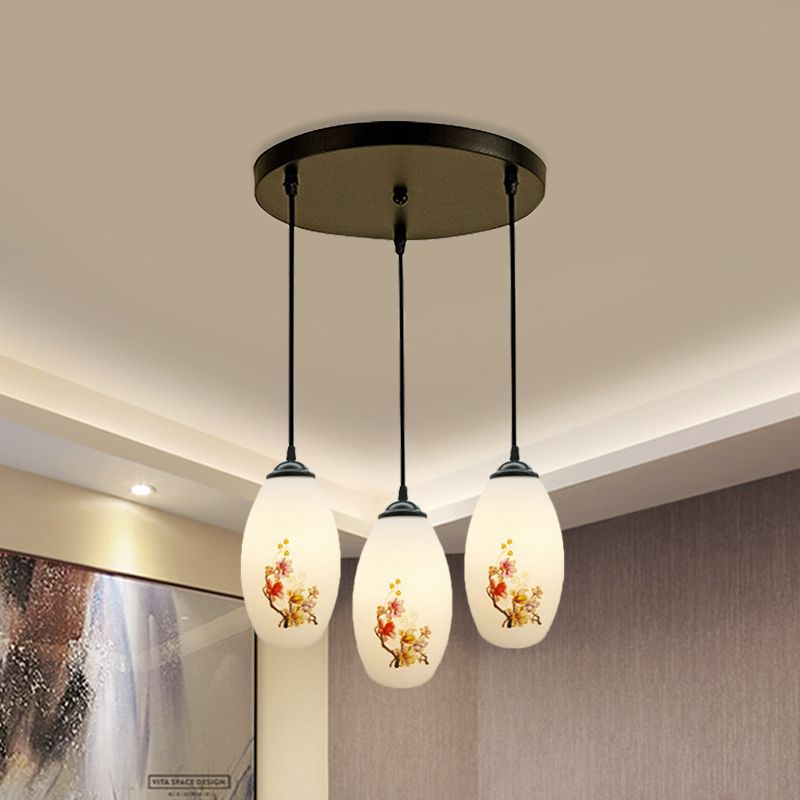 3 Bulbs Multiple Hanging Light Modern Oblong Frosted White Glass Linear/Round Canopy Pendulum Lamp with Flower Pattern