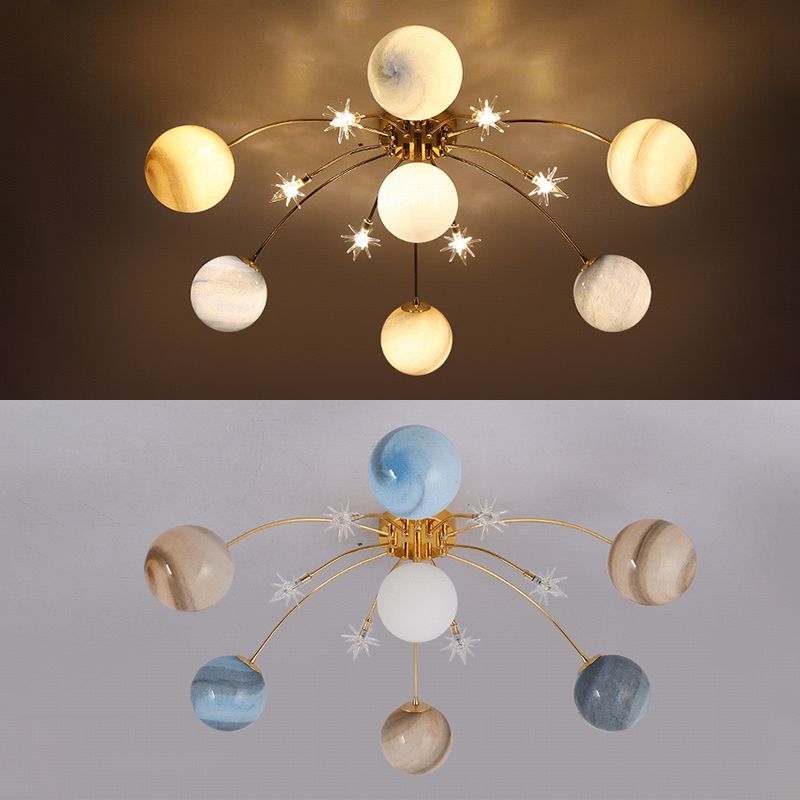 Plafonnier radial artistique moderne en fer forgé avec abat-jour en verre coloré