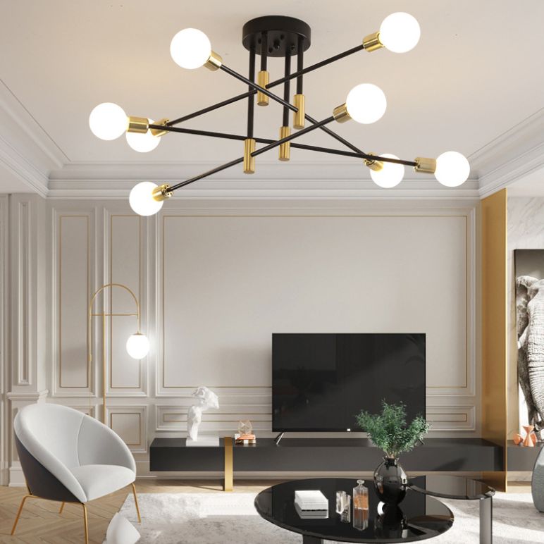 Black and Gold Semi Flush Mount in Industrial Creative Style Wrought Iron Radial Ceiling Light