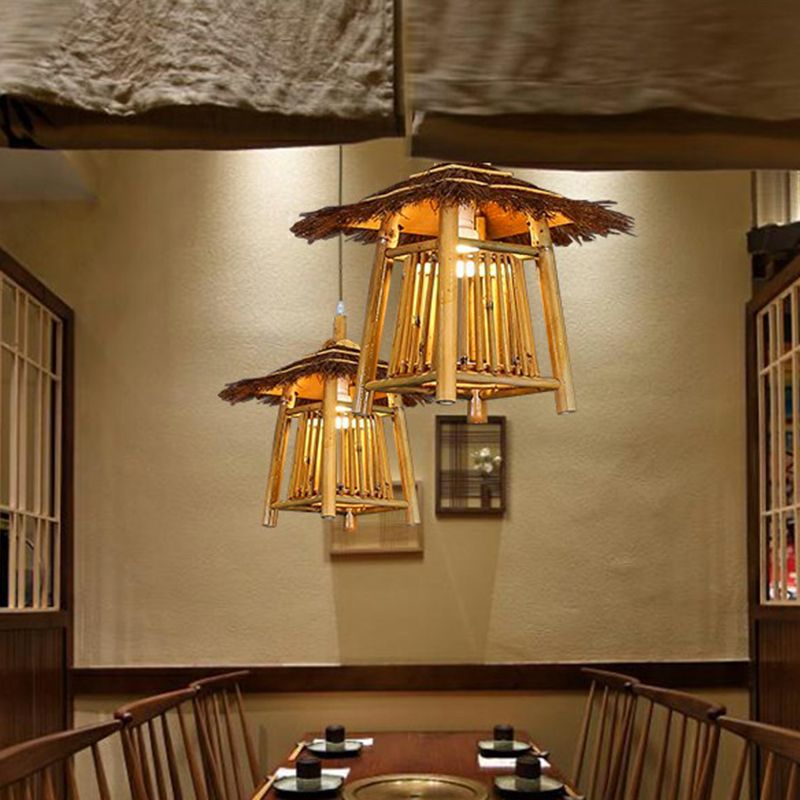 Japanese Pavilion Pendant Lighting Bamboo 1-Light Tea Room Hanging Ceiling Light in Wood