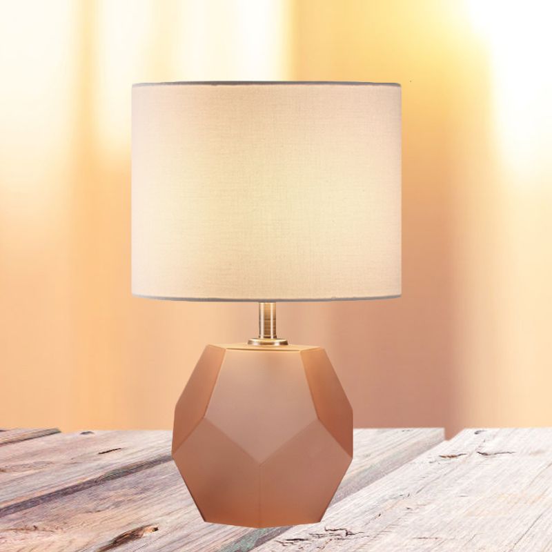 Single-Bulb 3D Hexagon Table Lamp Modern Grey/Pink/Yellow Glass Night Light with Drum Fabric Shade