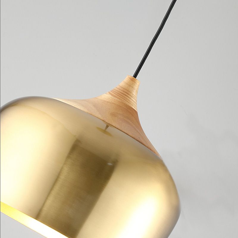 Gold Wood Capped Ceiling Pendant Light Minimalist Style Metal Hanging Light Fixture