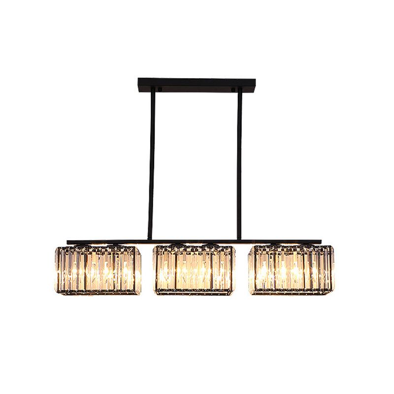4/6/8 Heads Island Chandelier Contemporary Cuboid Shade Clear Crystal Hanging Light Fixture in Black