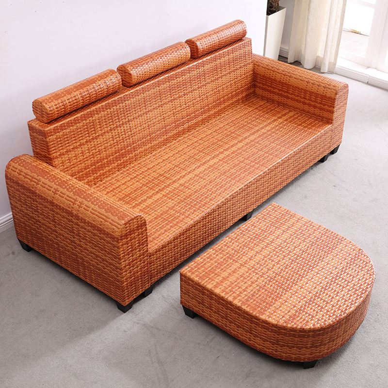 3-Seater Tropical Rattan Sofa with Chaise Brown Scroll Arm Loose Back Sofa