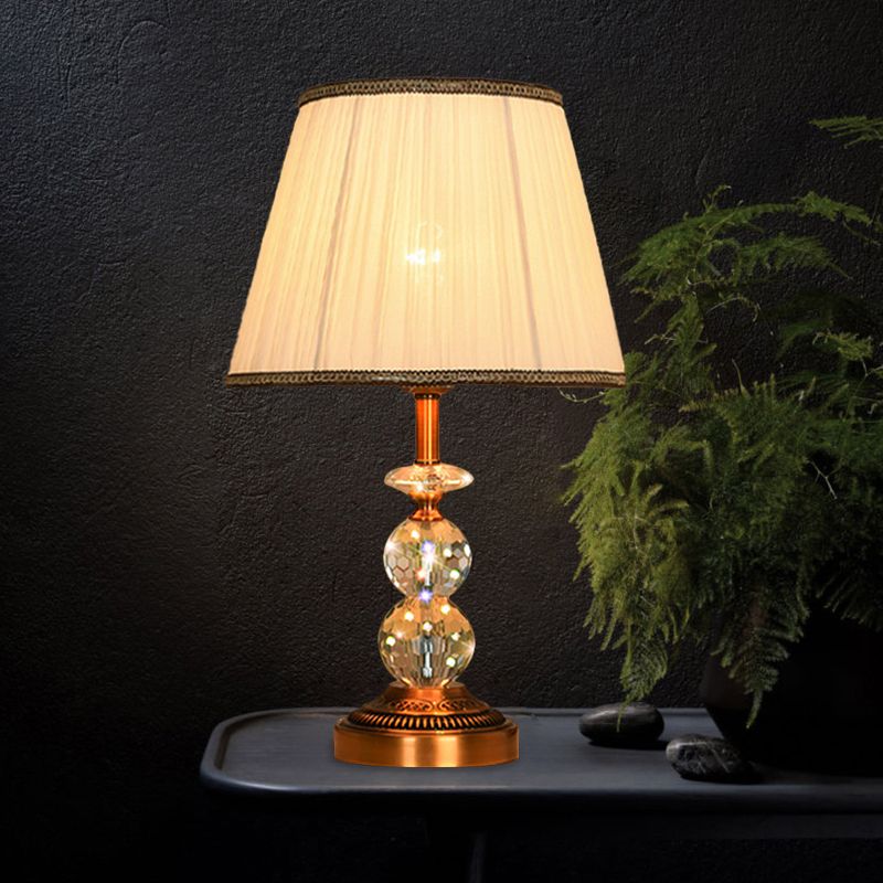 1 Bulb Pleated Fabric Night Stand Lamp Traditional Pink and White/Pink/Coffee Cylinder/Tapered Parlor Table Light with Faceted Crystal Orbs