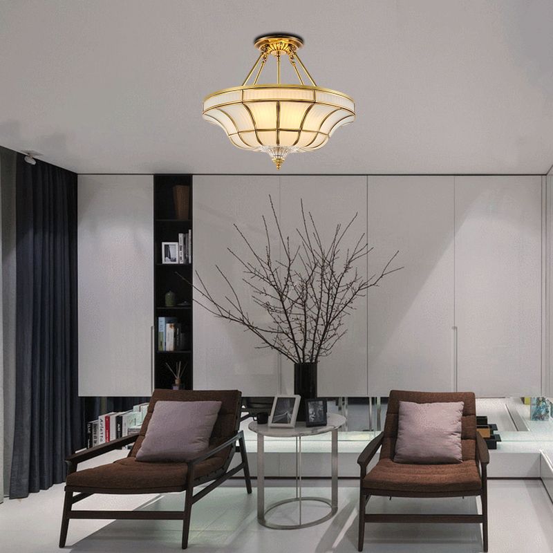 3/6 Lights Ceiling Mount Antique Curved Frosted Glass Semi Flush Lighting in Brass for Bedroom, 16"/19.5" Wide