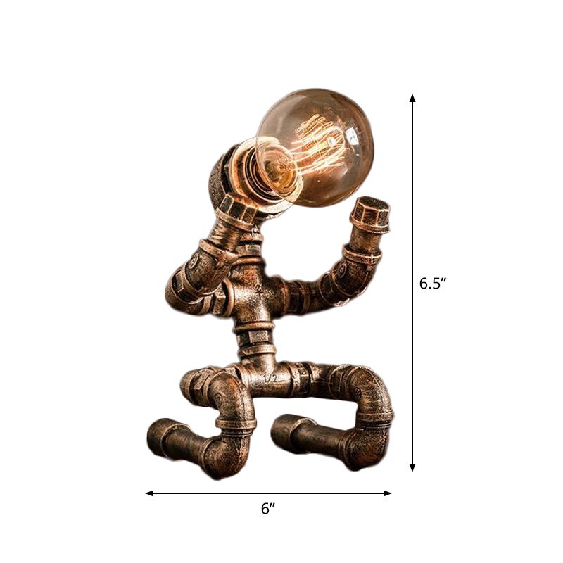 Industrial Pipe Man Night Lamp 1 Head Wrought Iron Table Light in Brass for Boys Room