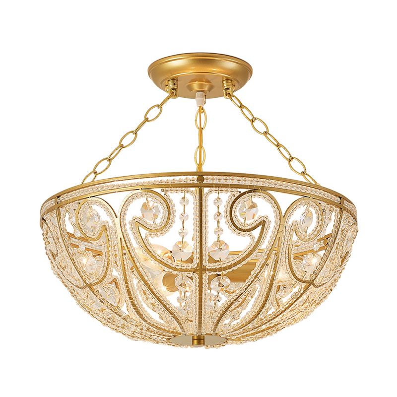 Bowl Shape Bedroom Flush Mount Lamp Crystal 1 Light Contemporary Semi Mount Lighting in Gold