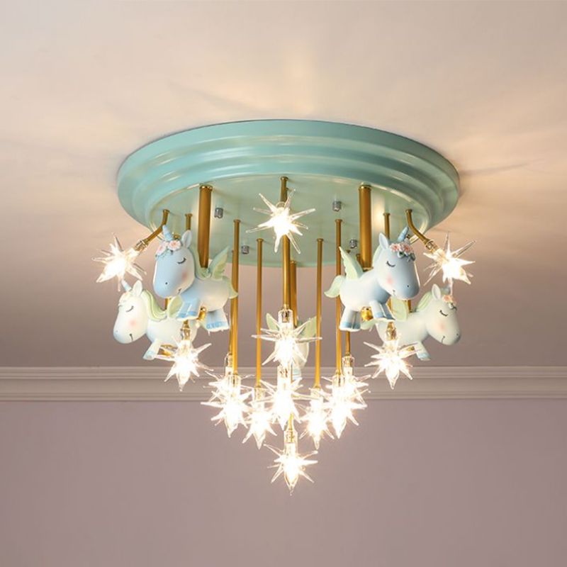 Resin Unicorn LED Semi Flush Nursery Flush Ceiling Light Fixture with Clear Glass Shade