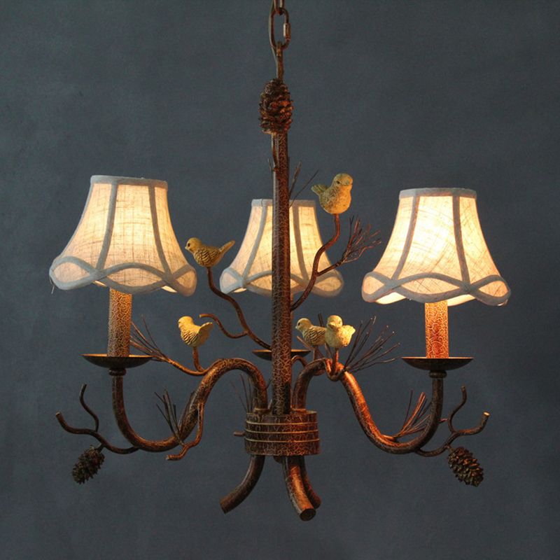 Flared Fabric Hanging Chandelier Rural 3-Light Dining Room Pendant with Bird and Pinecone Decoration in Brown