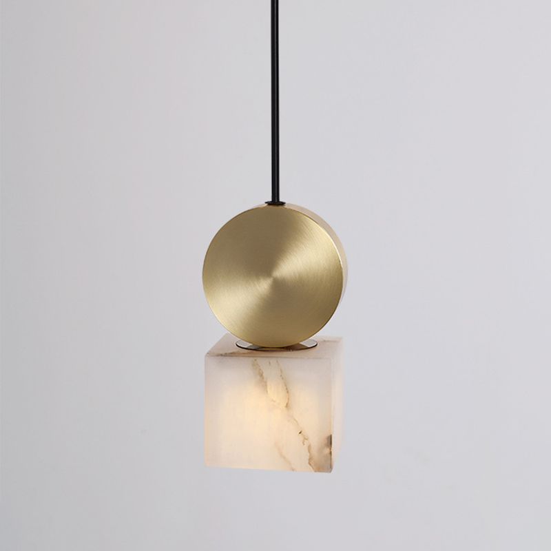 Square/Cylinder Pendant Post Modern Marble 1 Head Bedside Hanging Lamp Kit in White with Gold Round Top