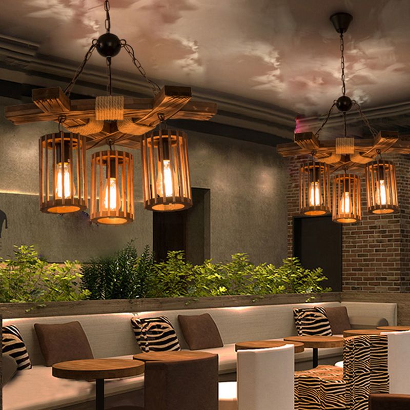 Farmhouse Cylindrical Cage Chandelier Light Wooden Hanging Lamp Kit for Dining Room