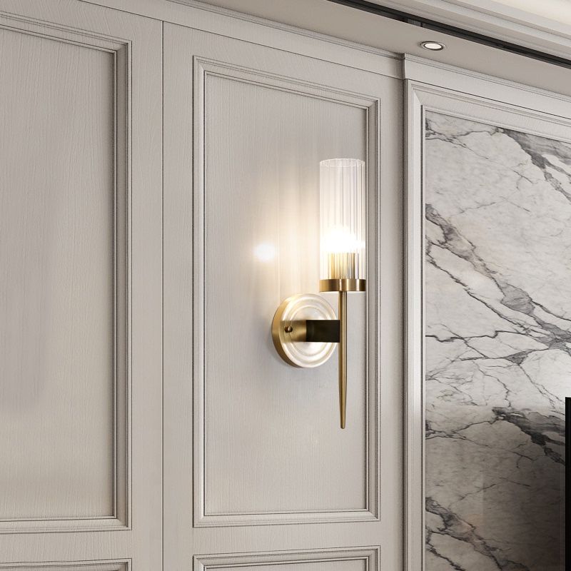 Modern Minimalist Cylindrical Wall Sconce Copper Wall Lamp with Clear Glass Shade