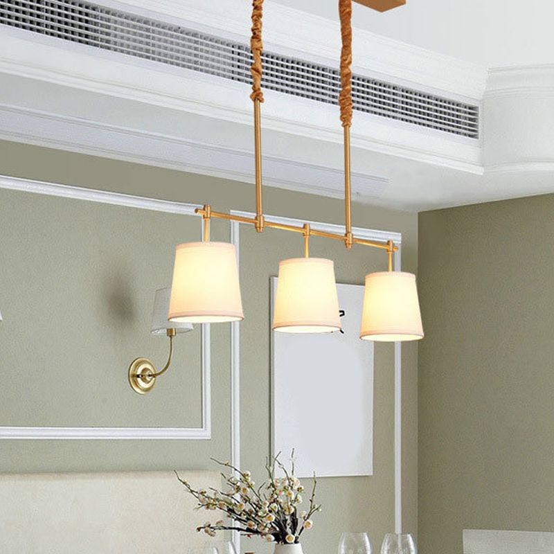 Retro Style Bucket Island Pendant Light 3 Heads Fabric Ceiling Light in Brass for Restaurant