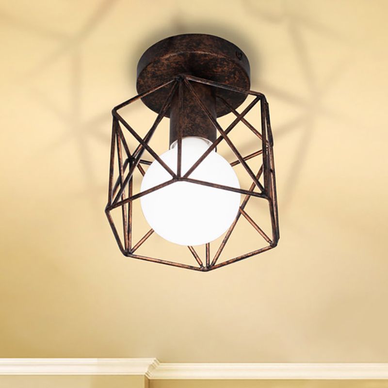 Wire Cage Iron Semi Flush Light Fixture Warehouse 1 Light Antique Bronze Semi Mount Lighting with Hexagon Shade