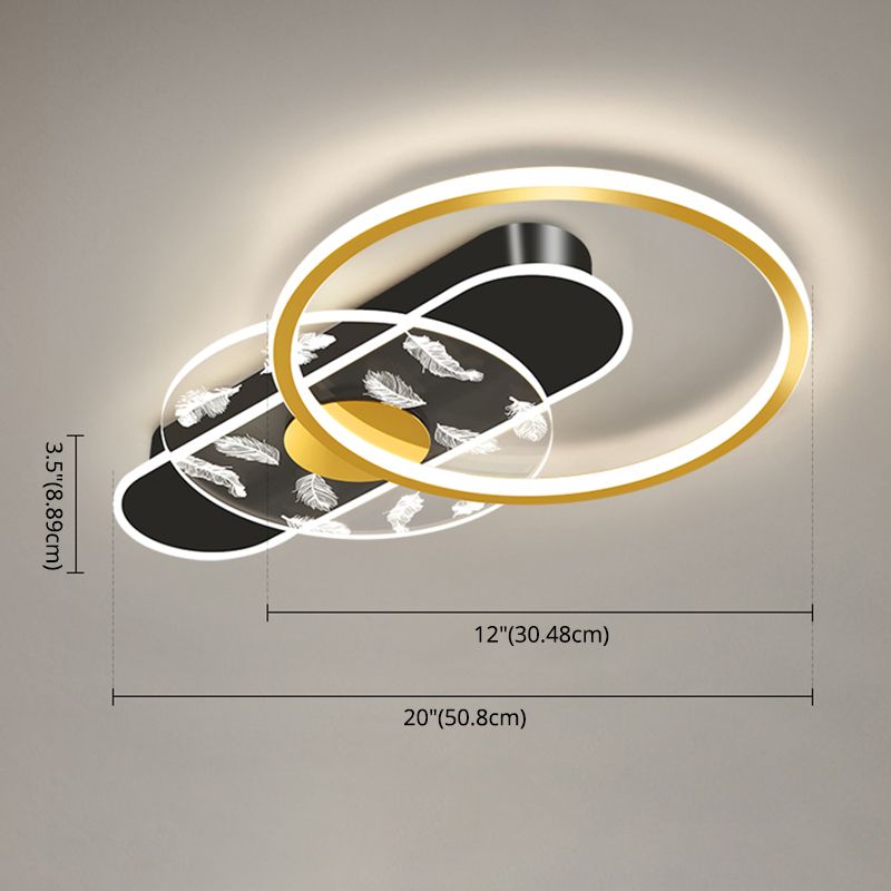 Black and Gold LED Semi Flush Mount in Modern Concise Style Circular Feather Ceiling Light with Acrylic Shade