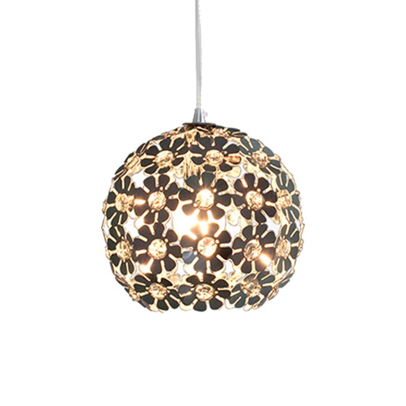 Floral Globe Shade Hanging Light Fixture Contemporary Aluminum 1 Light Chrome Suspension Lamp with Crystal Accent