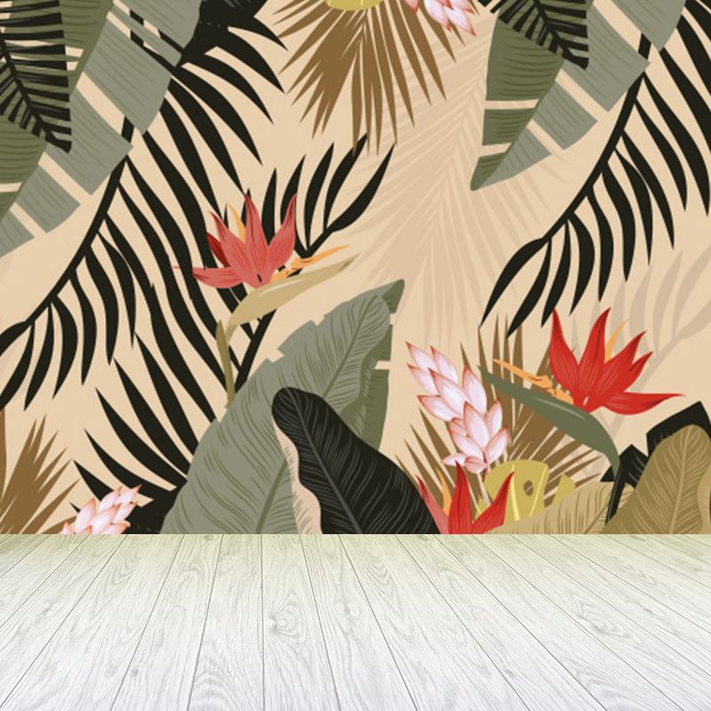 Leaves and Flowers Mural Wallpaper Tropical No-Woven Textured Wall Decor in Green