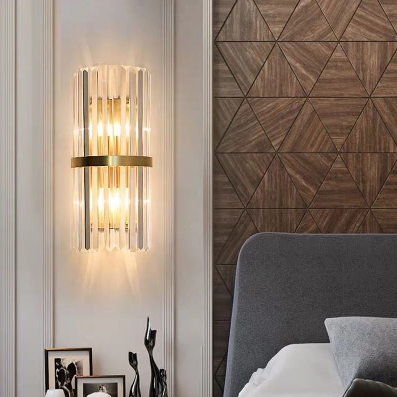 Gold Cylindrical Wall Lamp in Modern Luxury Style Carbon Steel Wall Sconce with Crystal Shade