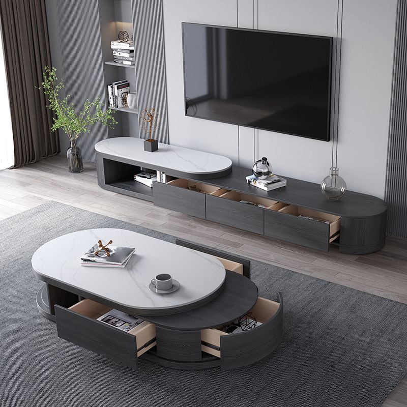 Slate and Wood Coffee Table Oval Single Coffee Table with Storage Drawers