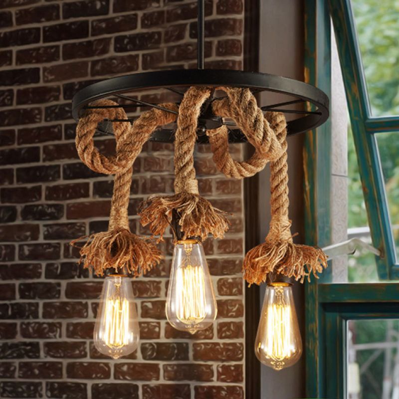 Brown Open Bulb Design Chandelier Rural Rope 6-Light Restaurant Hanging Lamp with Wheel Deco