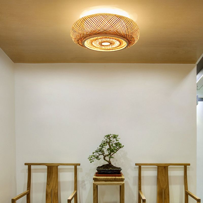Cross Woven Flush Mount Ceiling Light Contemporary Rattan Ceiling Mount Light Fixture for Bedroom