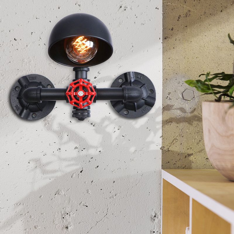 Accesorio de lámpara de pared con cúpula steampunk con rueda de la válvula 1 cabezal iluminación de pared metálica en negro para sala de estar