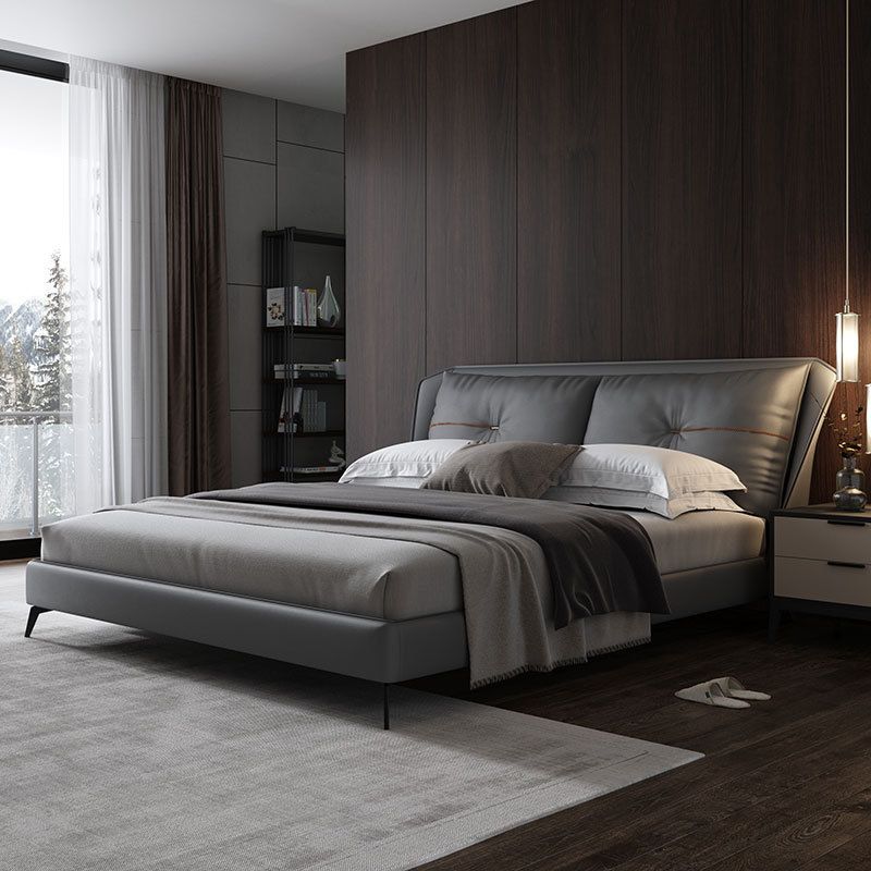 Mid-Century Modern Panel Bed Solid Color Standard Bed With Custom Gold Legs